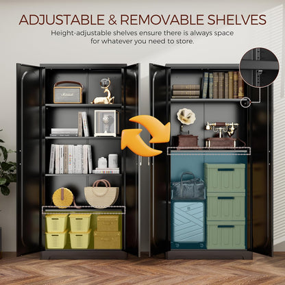 71" Tall Metal Pantry Cabinet with 4 Adjustable Shelves and Gold Handles Heavy-Duty Steel Storage