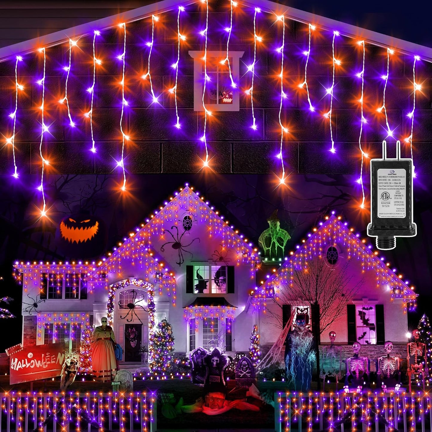 KNONEW Orange Purple Halloween Lights 33FT 400 LED String Lights Outdoor with 75 Drops, 8 Lighting