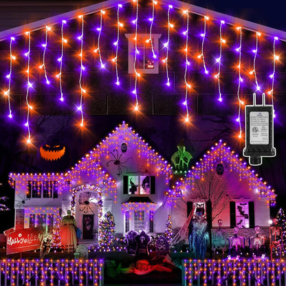 KNONEW Orange Purple Halloween Lights 33FT 400 LED String Lights Outdoor with 75 Drops, 8 Lighting