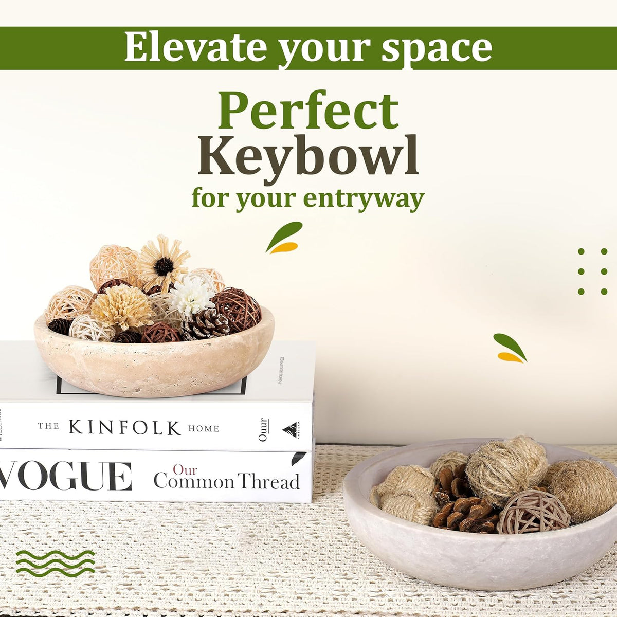 Travertine Decorative Bowl - 7.8” Diameter & 2” Height - Key Bowl for Entryway Table - Travertine