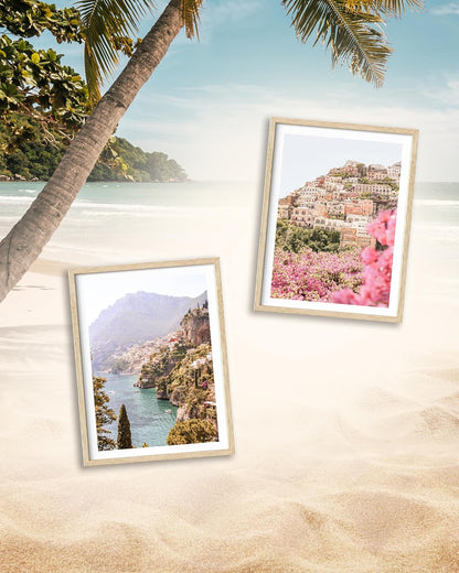 HesenDot Natural OAK Wood Amalfi Coast Framed Wall Art,12x16in Italy Beach Canvas Wall Print, Pink