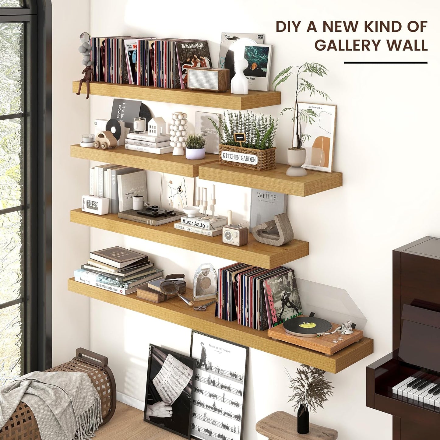 Floating Shelves - 2 Large Wall Mounted Shelves with Invisible Brackets, Long Wood Floating Wall