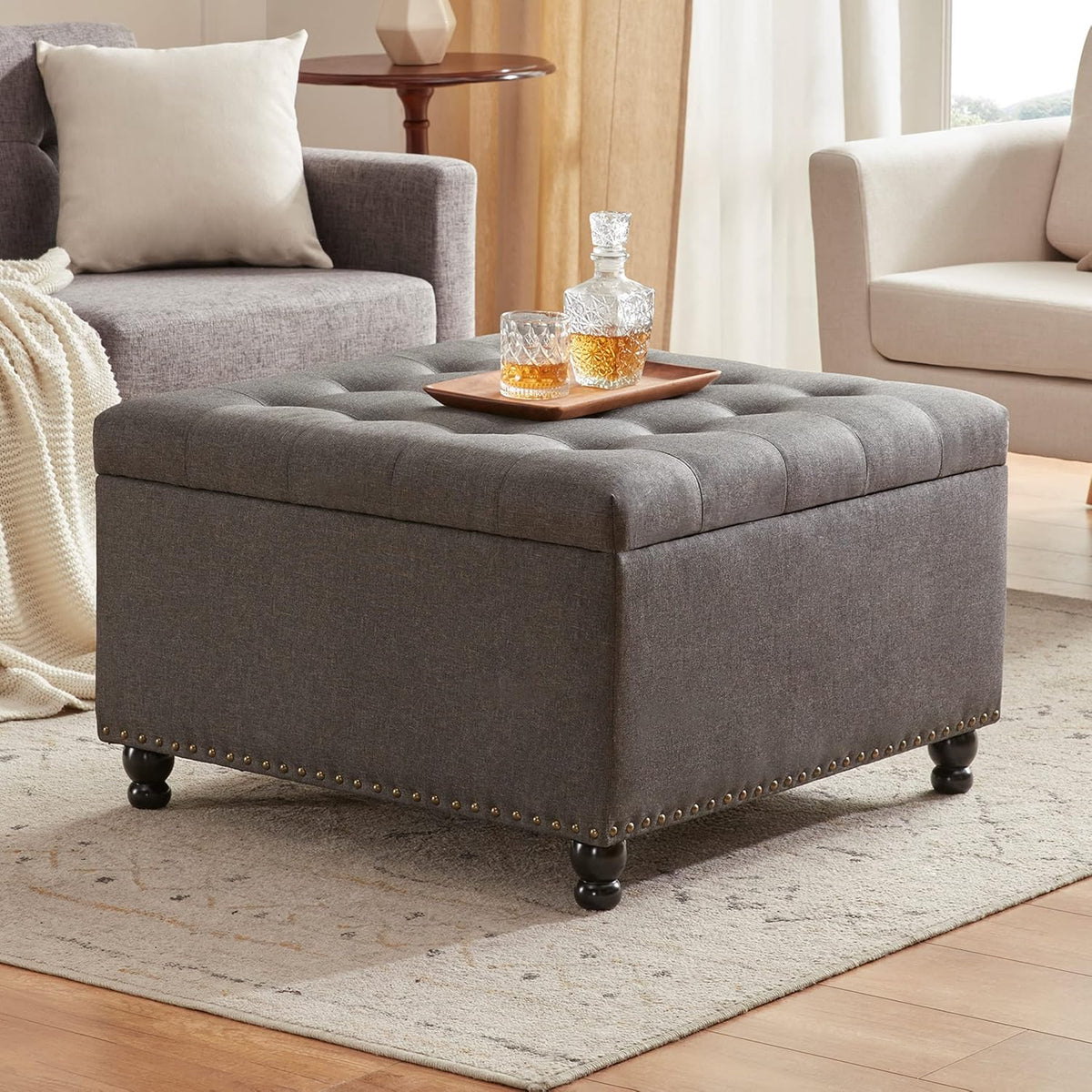 Tbfit Large Square Storage Ottoman Bench, Tufted Upholstered Coffee Table with Storage, Oversized