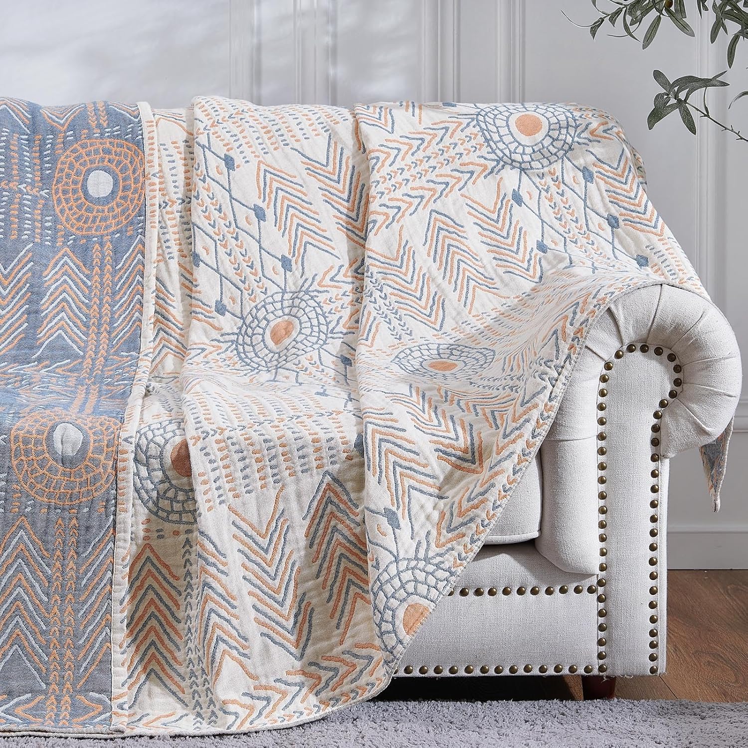 jinchan Boho 100% Cotton Muslin Queen Size 80x90 Throw Blanket Lightweight 4-Layer Orange