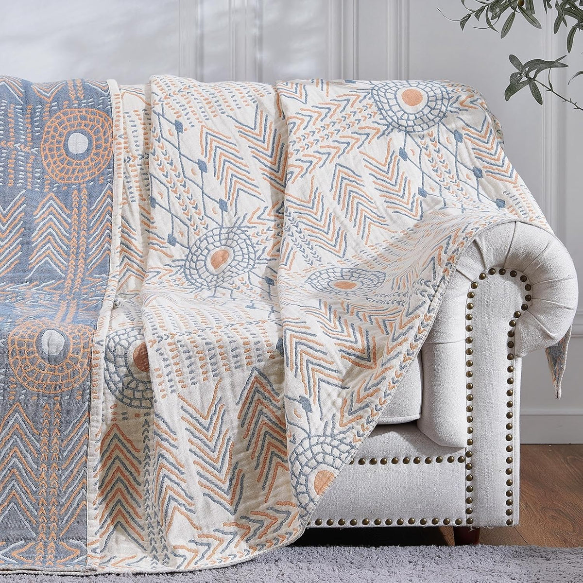 jinchan Boho 100% Cotton Muslin Twin Size 60x80 Throw Blanket Lightweight 4-Layer Orange Reversible