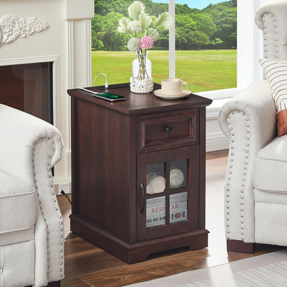 Farmhouse XXL End Table with Charging Station, Side Table with USB Ports and Outlets, Nightstand