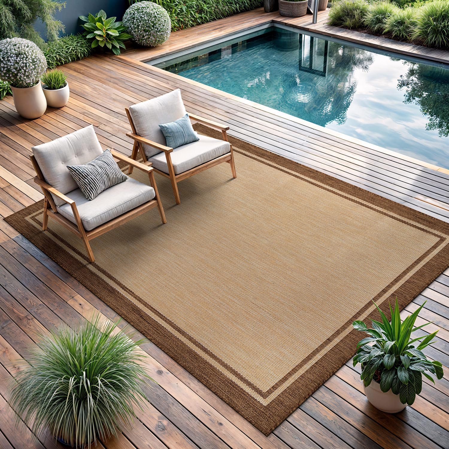 CAMILSON Outdoor Rug 8x10 Bordered Natural Brown Modern Area Rugs for Indoor and Outdoor Patios