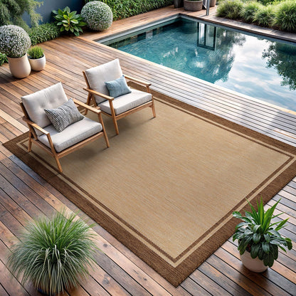 CAMILSON Outdoor Rug 8x10 Bordered Natural Brown Modern Area Rugs for Indoor and Outdoor Patios