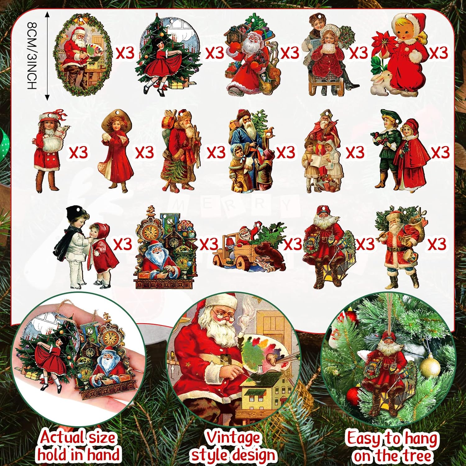 48 Pcs Vintage Wood Ornaments - Victorian Style Santa Claus, Snowman & Retro Decor for Christmas