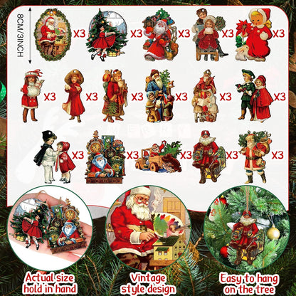 48 Pcs Vintage Wood Ornaments - Victorian Style Santa Claus, Snowman & Retro Decor for Christmas