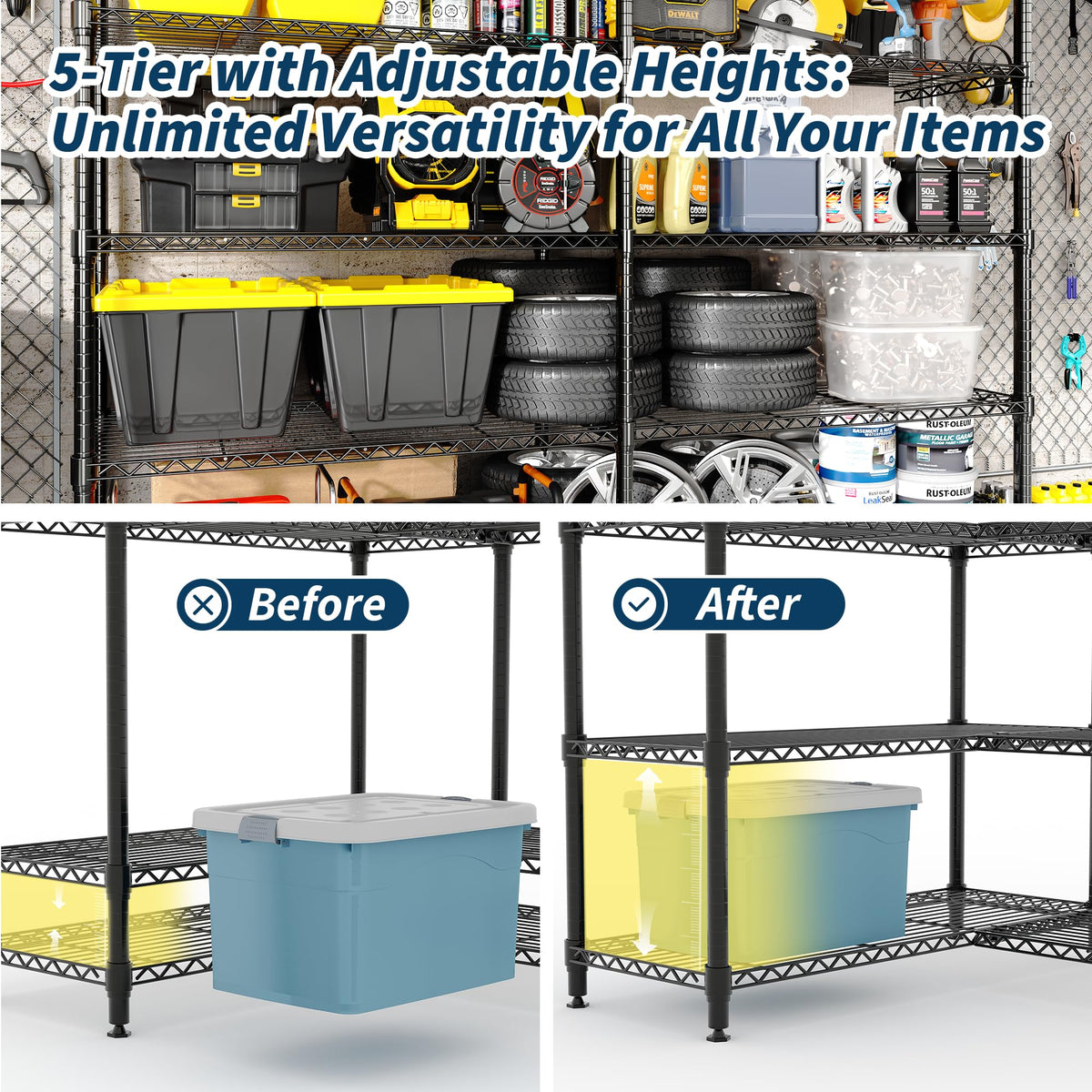 71"W Metal Storage Shelves 5-Tier, Heavy Duty 1325LBS Wire Rack Shelving Unit, Adjustable Black