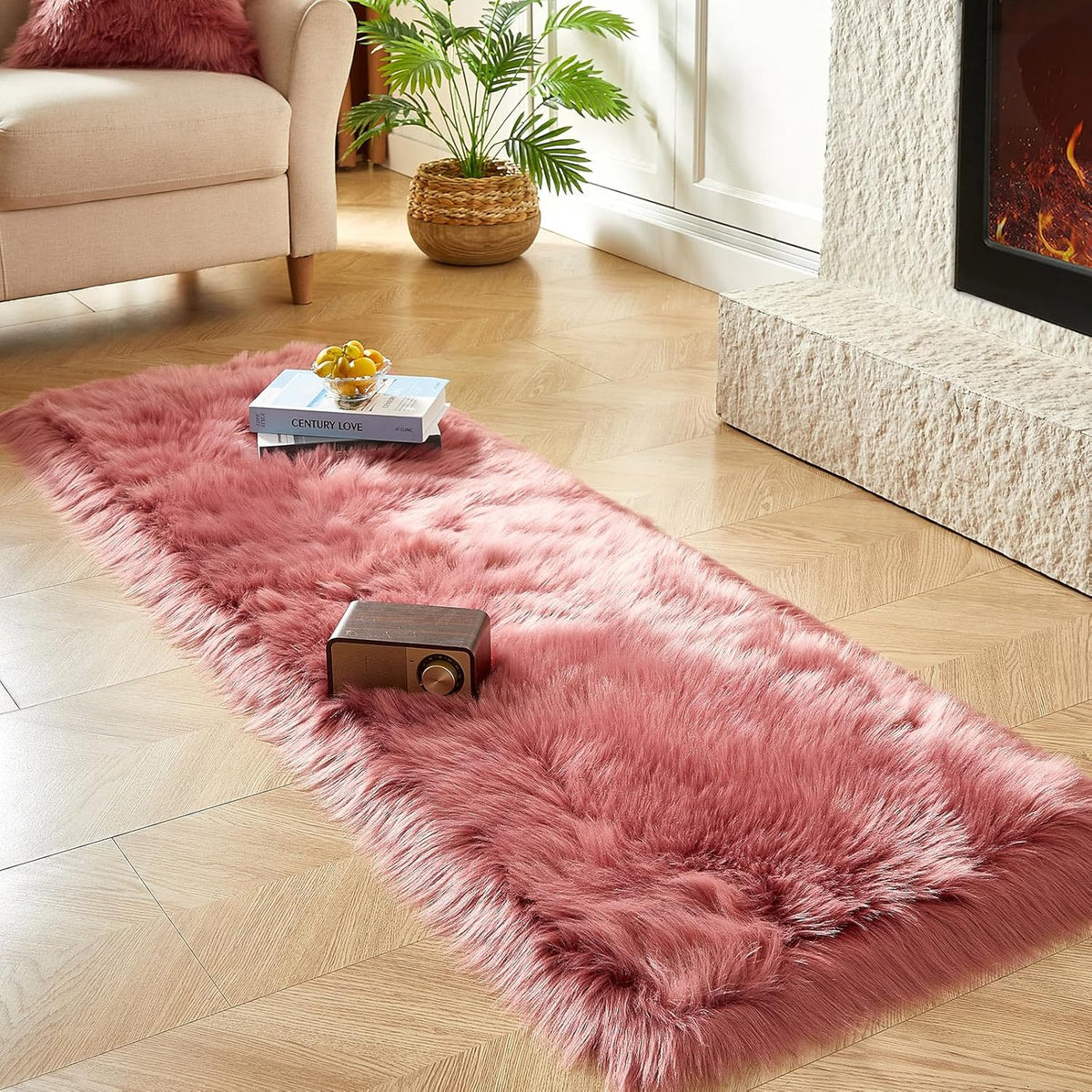 AMTOVO Faux Fur Rug, Blush Pink Ultra Soft Fluffy Shag Sheepskin Rug, 2 x 6 ft Runner Area Rugs for