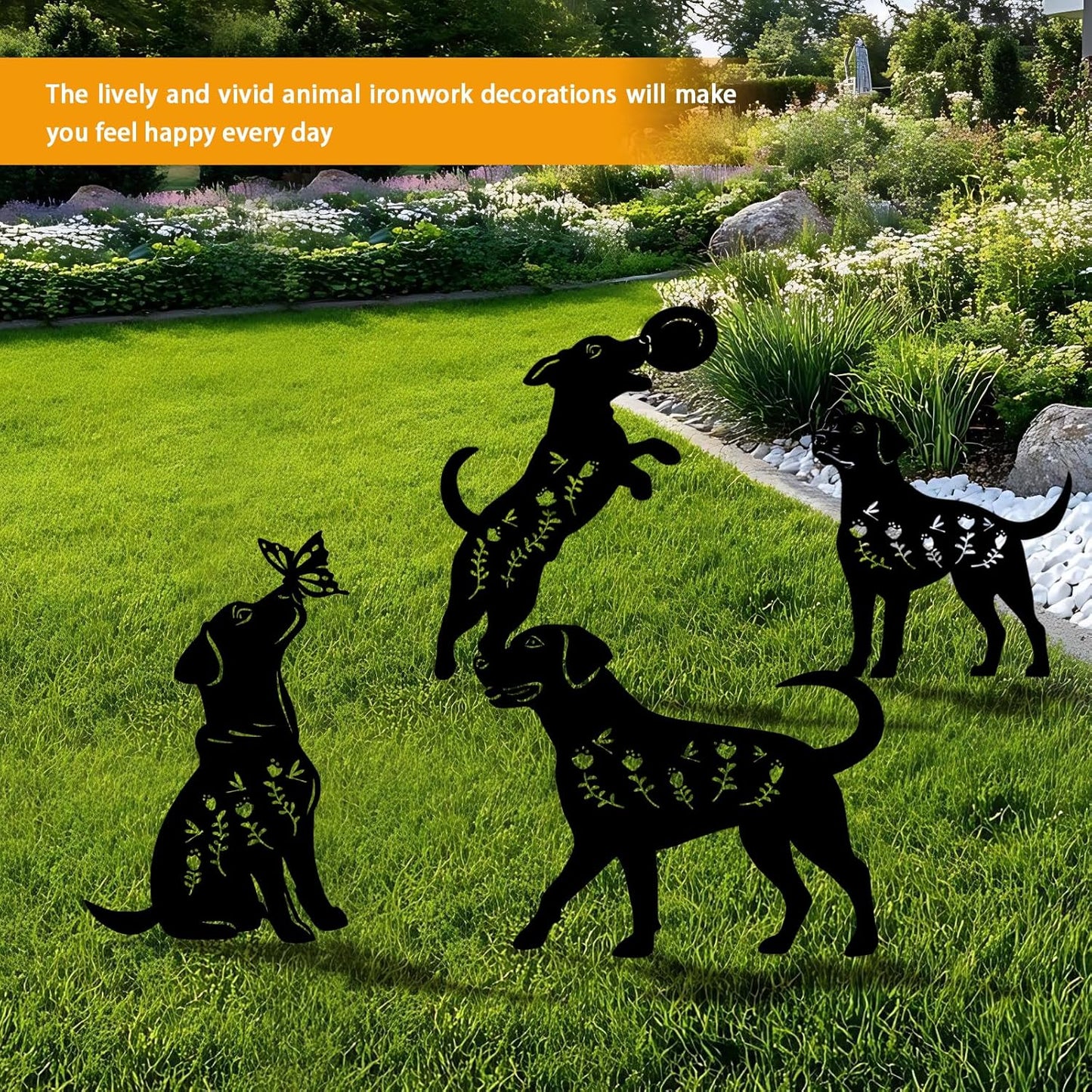 4 Pack Dog Metal Garden Decorative Stakes, Weather Proof Puppy Silhouette Statues for Yard