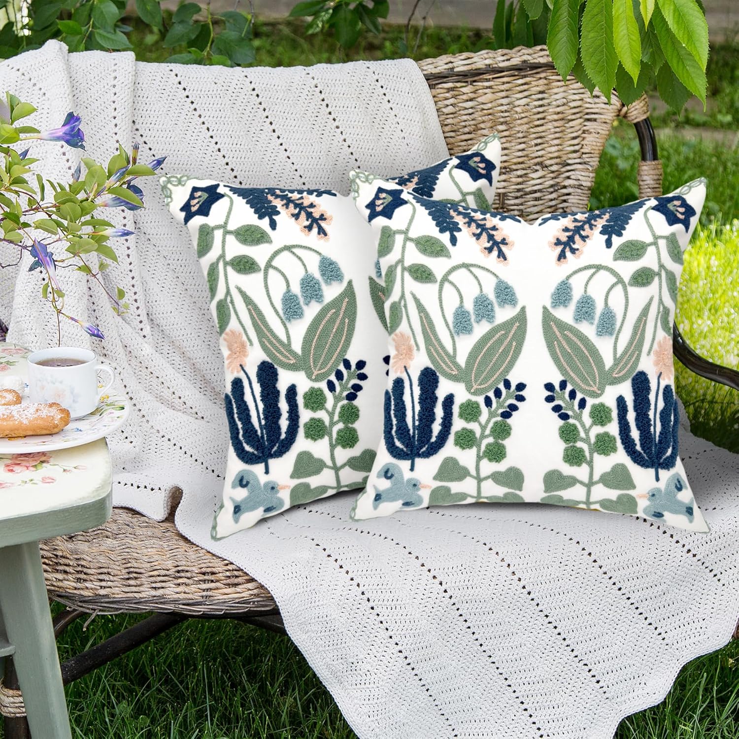 Alysheer Summer Floral Embroidered Decorative Throw Pillow Covers 18"x 18" Set of 2, Farmhouse Navy