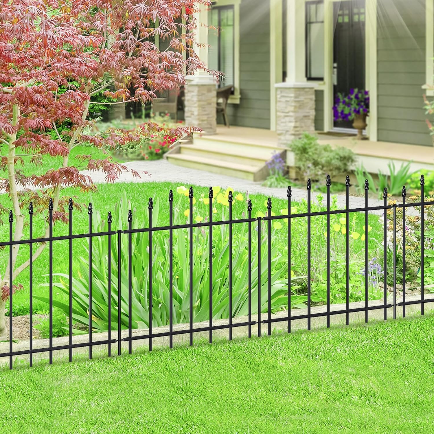 Metal Garden Fence 26 in H x 12 ft L, 6 Panels + 7 Stakes Border Dog Fence Panels Animal Barrier