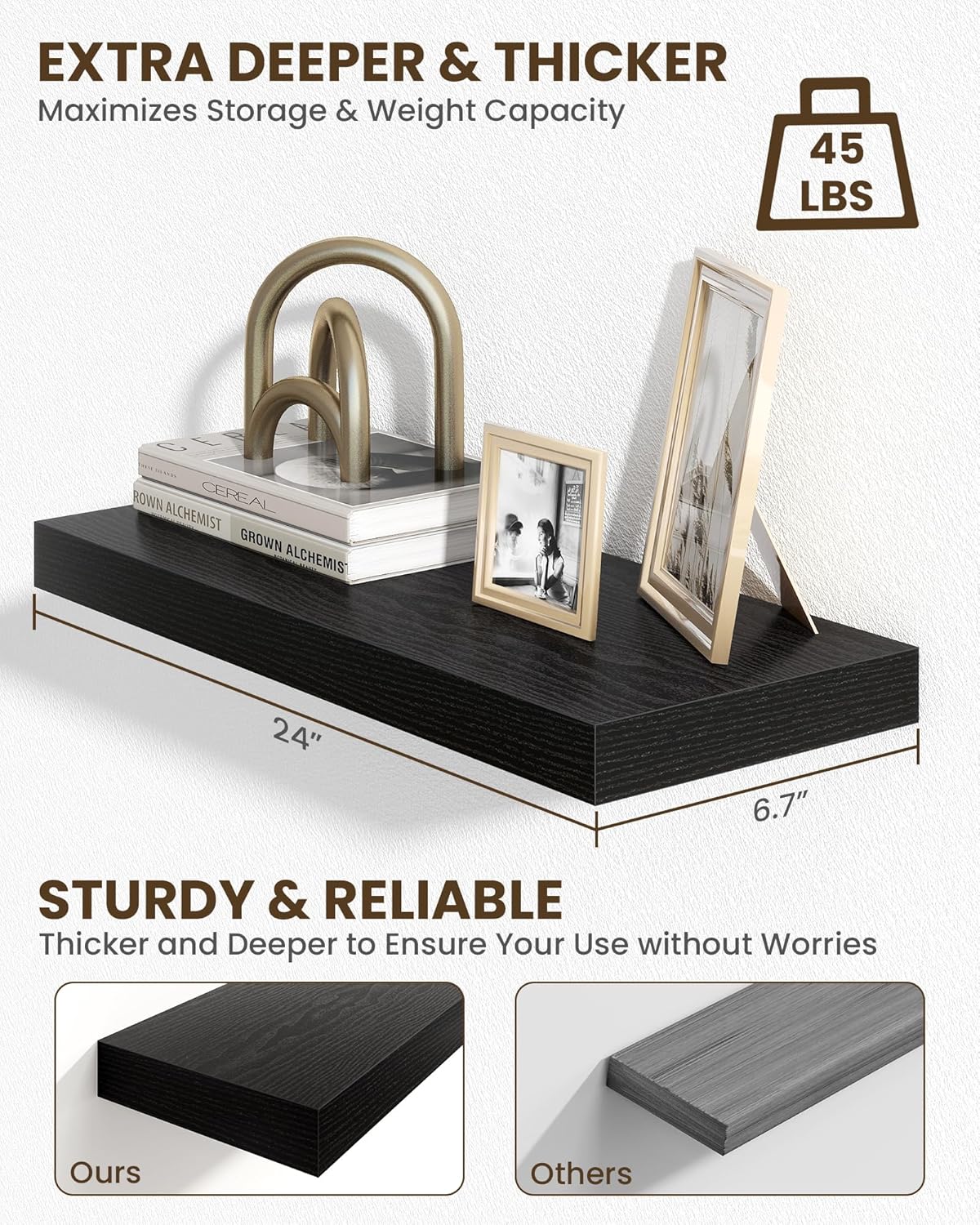 Marsmiles 24" Floating Shelves for Wall, Wooden Shelves with Invisible Brackets Set of 2, Rustic