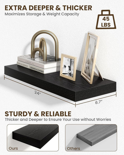 Marsmiles 24" Floating Shelves for Wall, Wooden Shelves with Invisible Brackets Set of 2, Rustic
