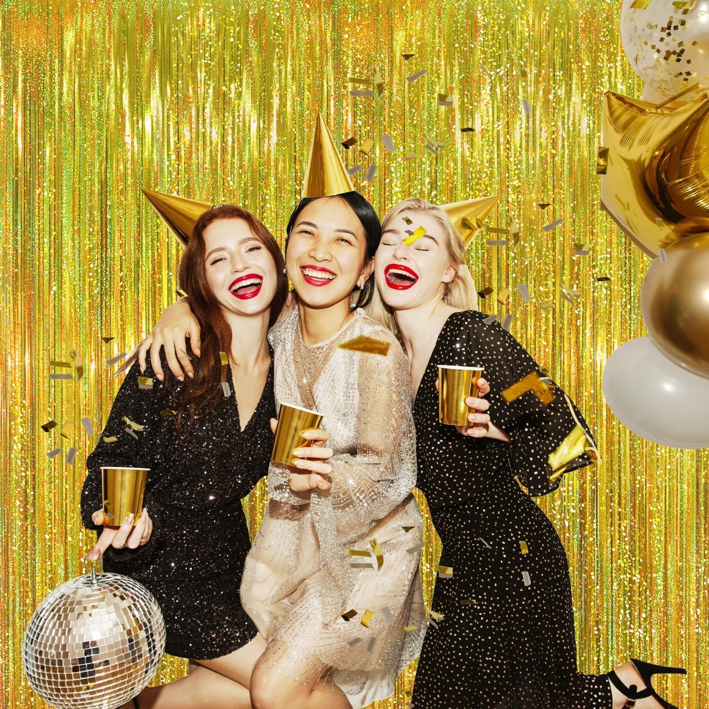 GOER 3.2 ft x 8.2 ft Metallic Tinsel Foil Fringe Curtains Party Photo Backdrop Party Streamers for