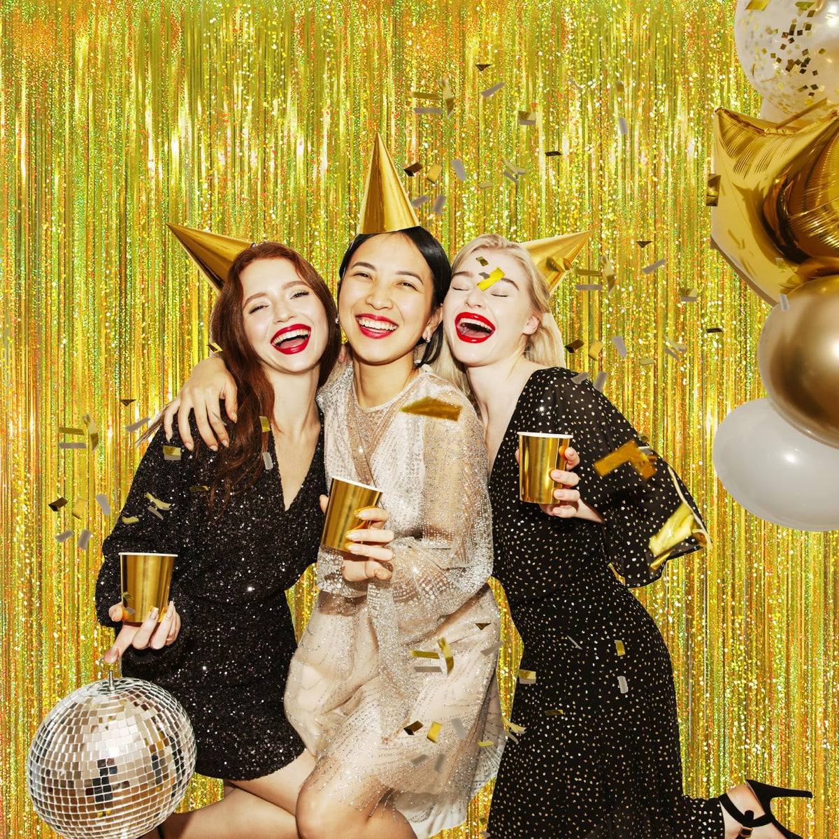 GOER 6.4 ft x 8.2 ft Metallic Tinsel Foil Fringe Curtains,Pack of 2 Party Streamer Backdrop for