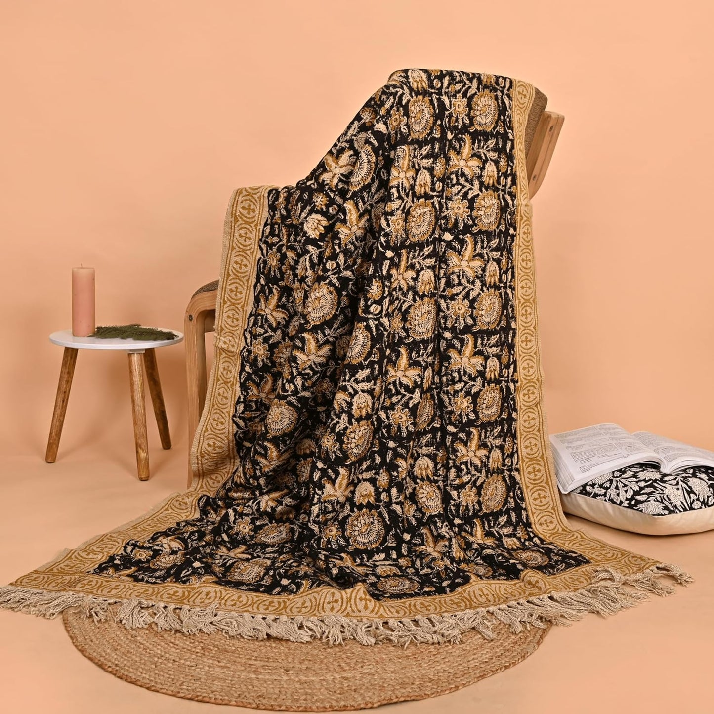 Bohemian Floral Cotton Throw Blanket with Tassels | 48x70 Inch Handblock Printed Sofa Throw | Black