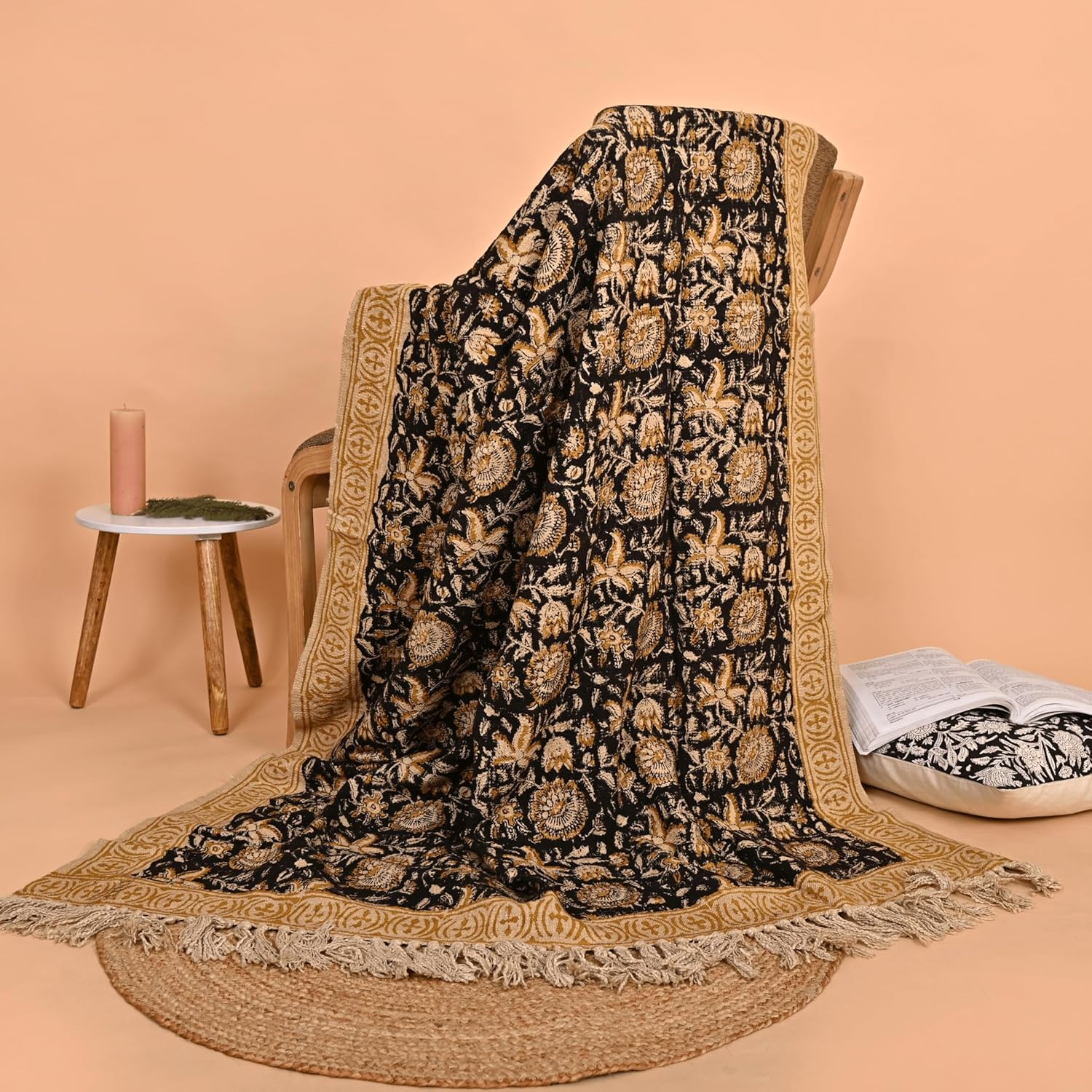 Bohemian Floral Cotton Throw Blanket with Tassels | 48x70 Inch Handblock Printed Sofa Throw | Black