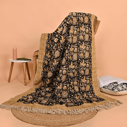 Bohemian Floral Cotton Throw Blanket with Tassels | 48x70 Inch Handblock Printed Sofa Throw | Black