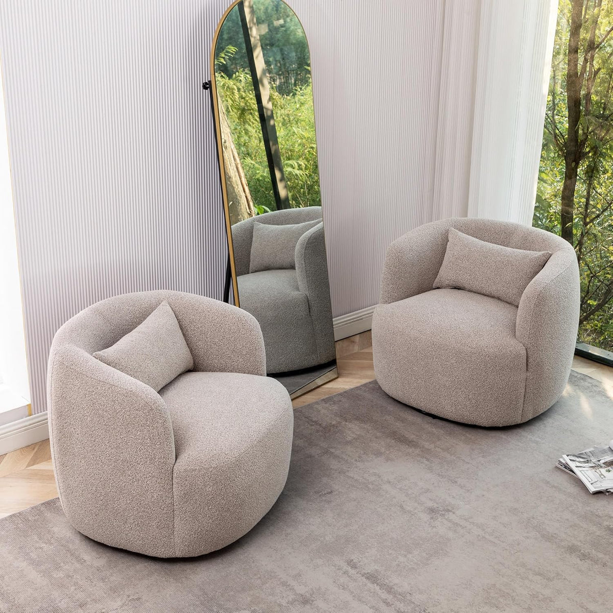 KINWELL 34" Wide Boucle Swivel Barrel Chairs Set of 2, No Assembly Round Upholstered Armchairs