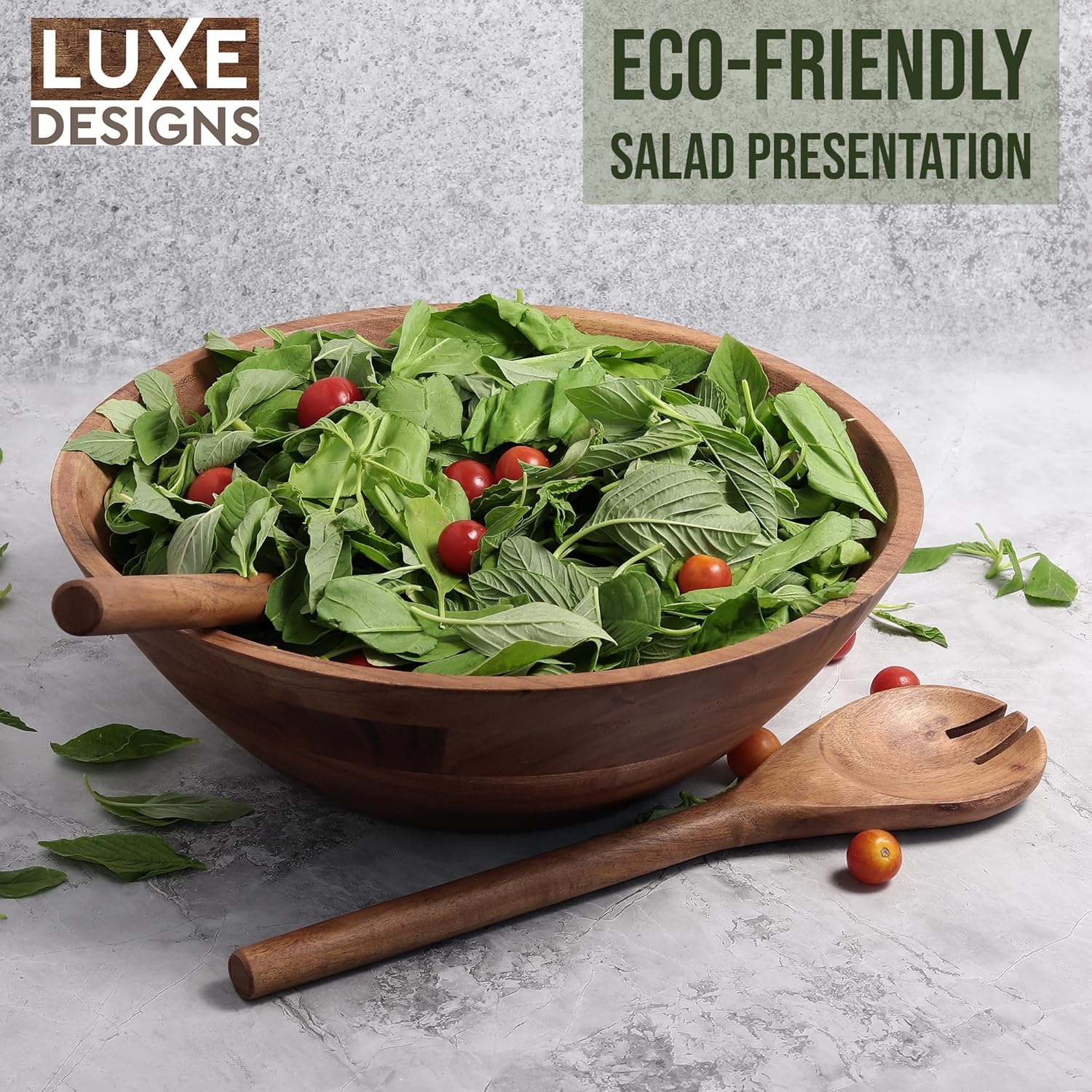 Luxe Designs Wooden Salad Bowl Set - Food Safe & Sustainable Decorative Bowl - Wood Bowl for