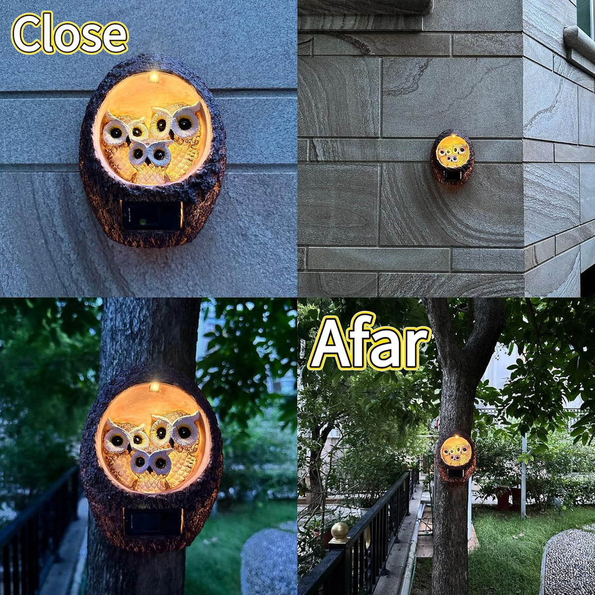 Garden Owl Family Tree Hugger Statue Solar Powered Outdoor Wall Mounted Figurine Light Resin