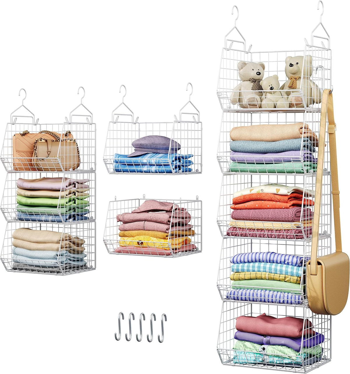 5 Tier Closet Hanging Organizer, Clothes Hanging Shelves with 4 Hanging Hooks 5 S Hooks, Wire