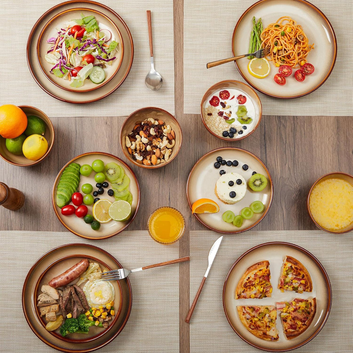 Stoneware Dinnerware Set Service for 4, 12 pcs Reactive Glaze Plates and Bowls Sets, Handmade Round