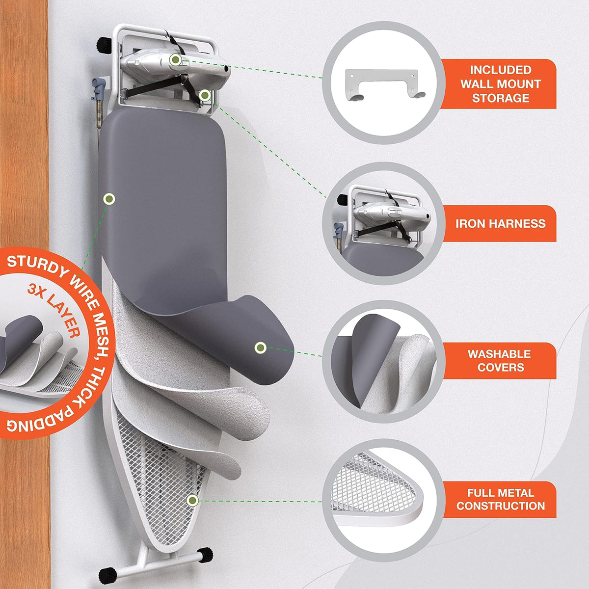 Xabitat Full Size Ironing Board 57" X 15" with Wall Mount Hanger, Full Metal Construction Iron