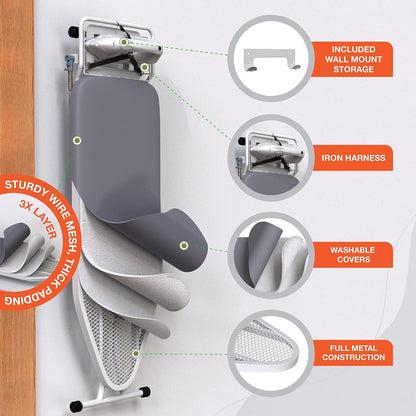 Xabitat Full Size Ironing Board 57" X 15" with Wall Mount Hanger, Full Metal Construction Iron