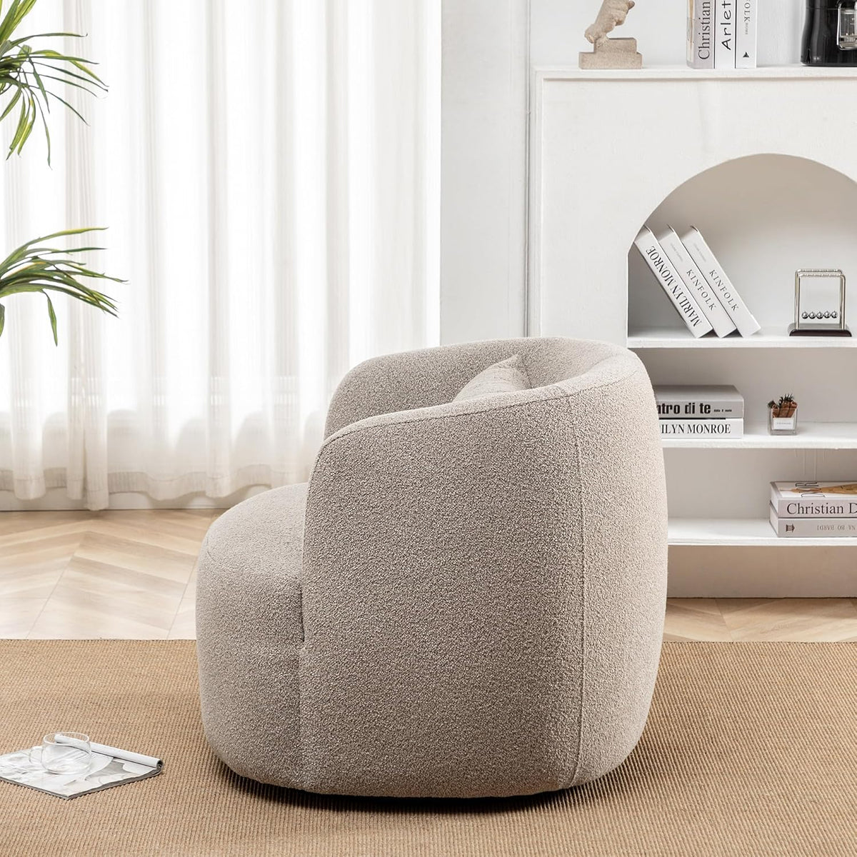 KINWELL 34" Wide Boucle Swivel Barrel Chair, No Assembly Round Upholstered Armchair Accent Chair