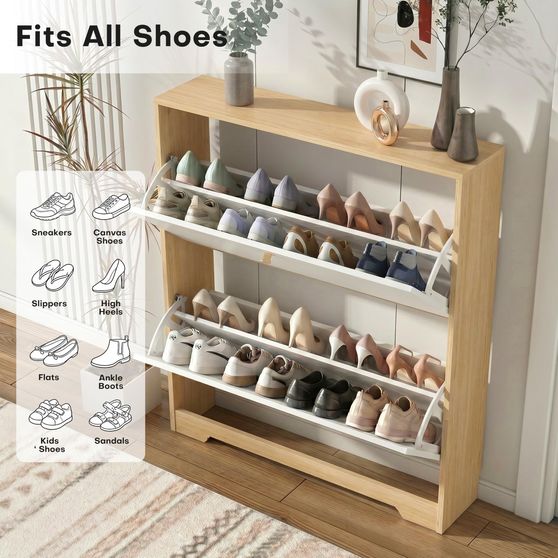 Nicetree Shoe Cabinet with 2 Flip Drawers, Narrow Shoe Organizer Cabinet, Freestanding Shoe Rack