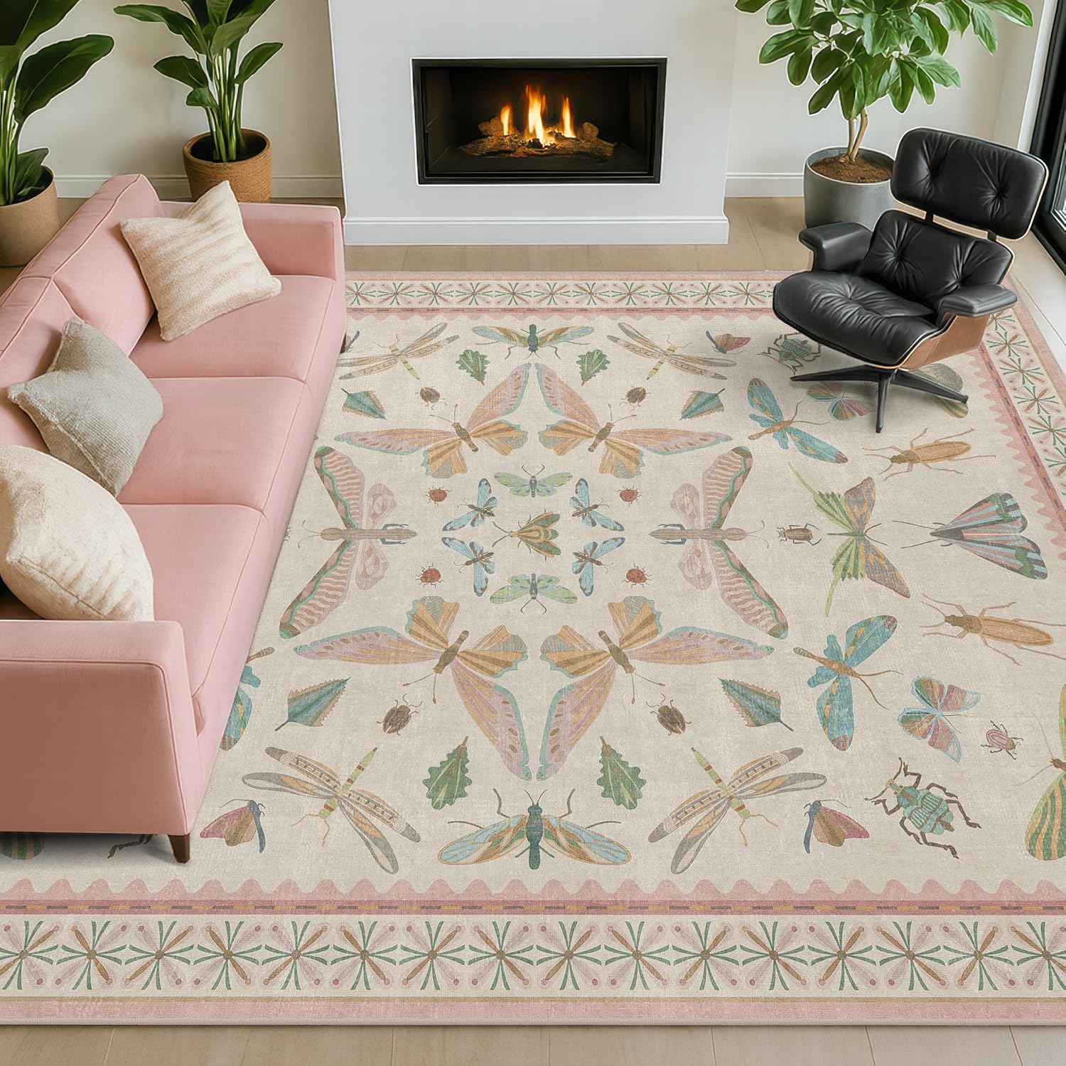Floral Pink Rugs for Bedroom Girls 6x9 - Insect Print Cute Girly Rug for Living Room, Dining Room