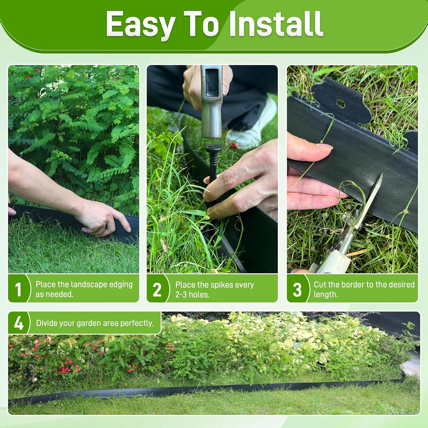2 Inch x 50FT Landscape Edging Border with 45 Anchoring Spikes, No Dig Garden Border Edging Kit