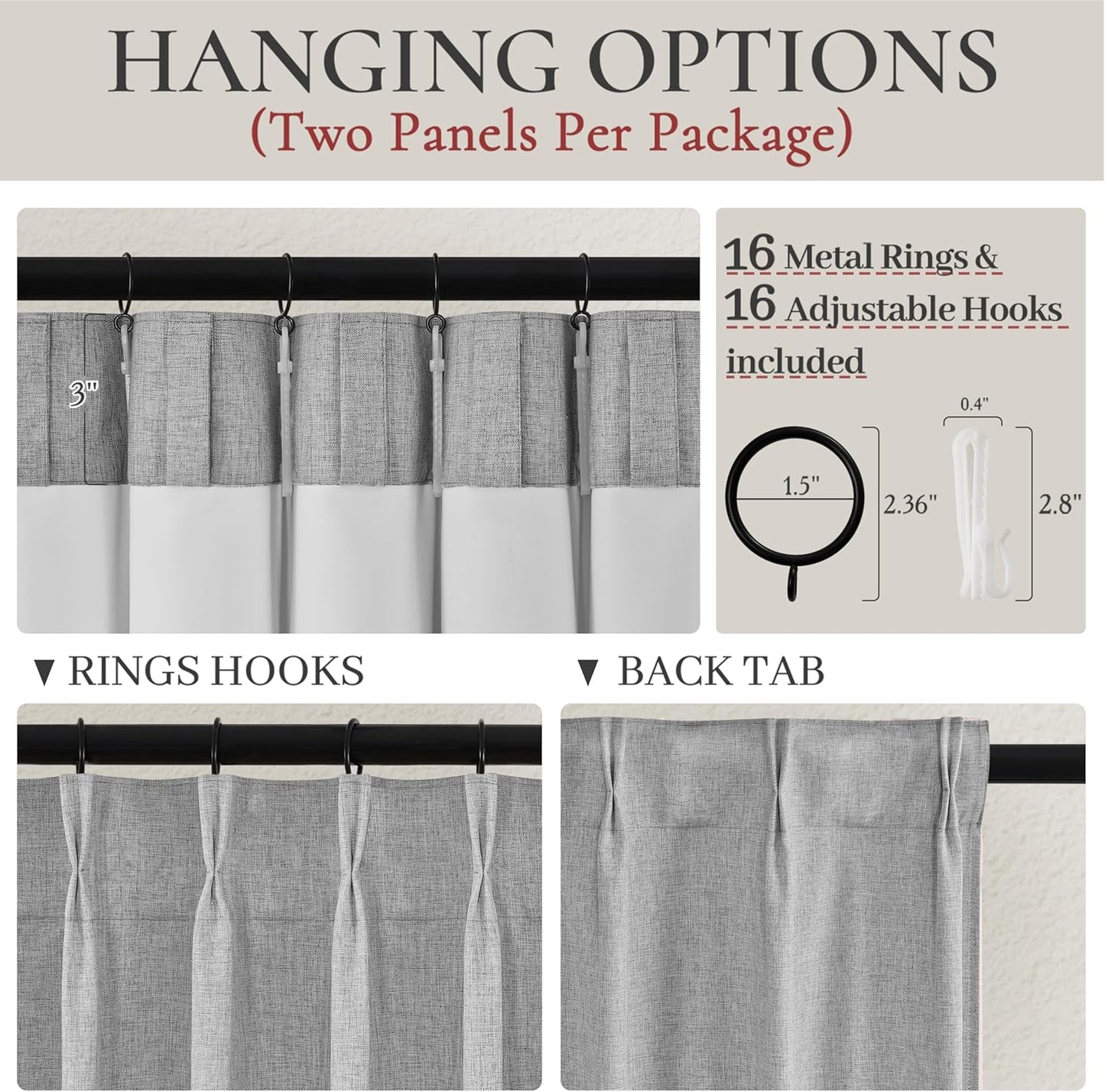 Gray Pinch Pleated 96 Inch Curtains 2 Panel Set for Living Room, Neutral Heavy Linen Blackout