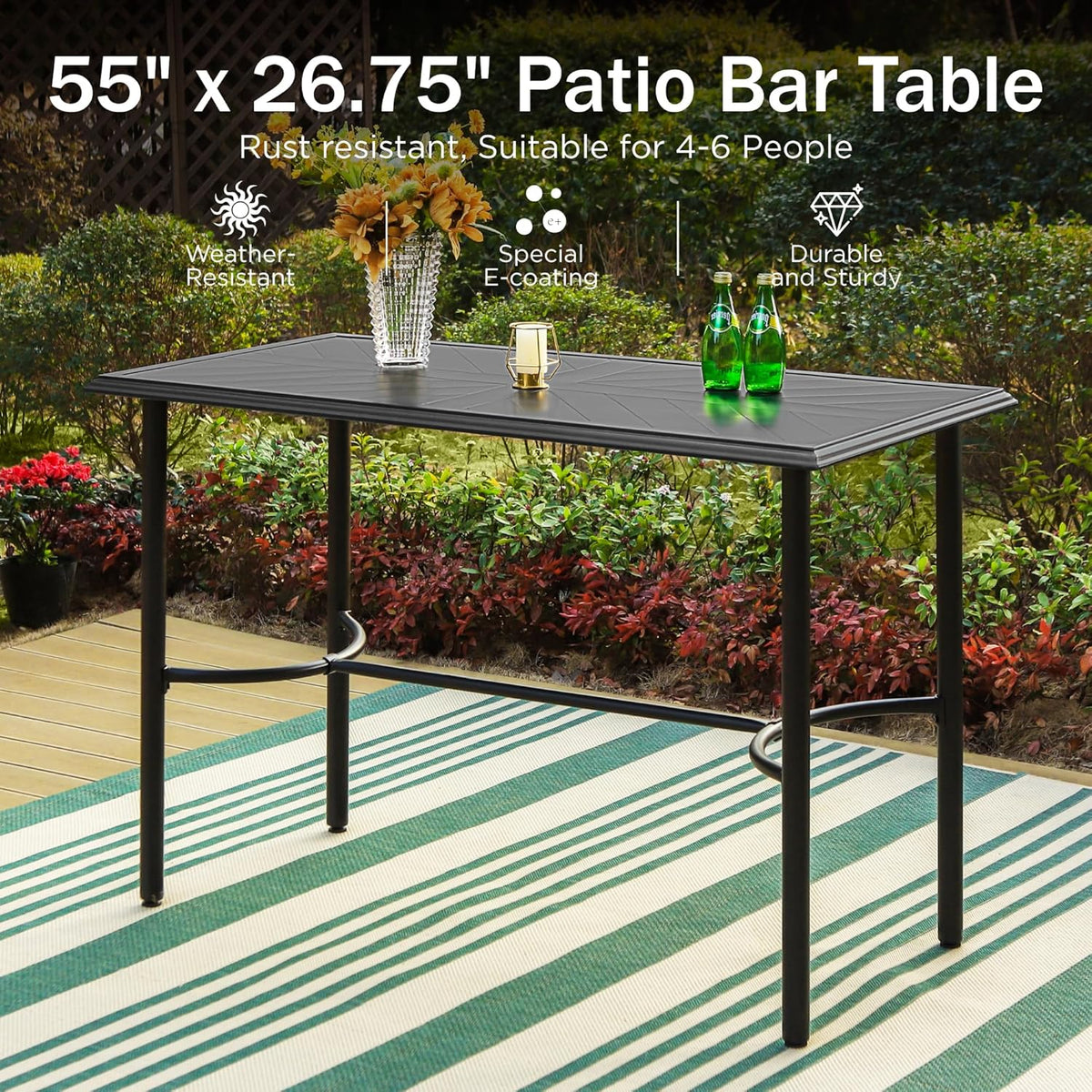 PHI VILLA Outdoor Patio Bar Table for 4-6, Counter Height Rectangle Bar Table with All Weather
