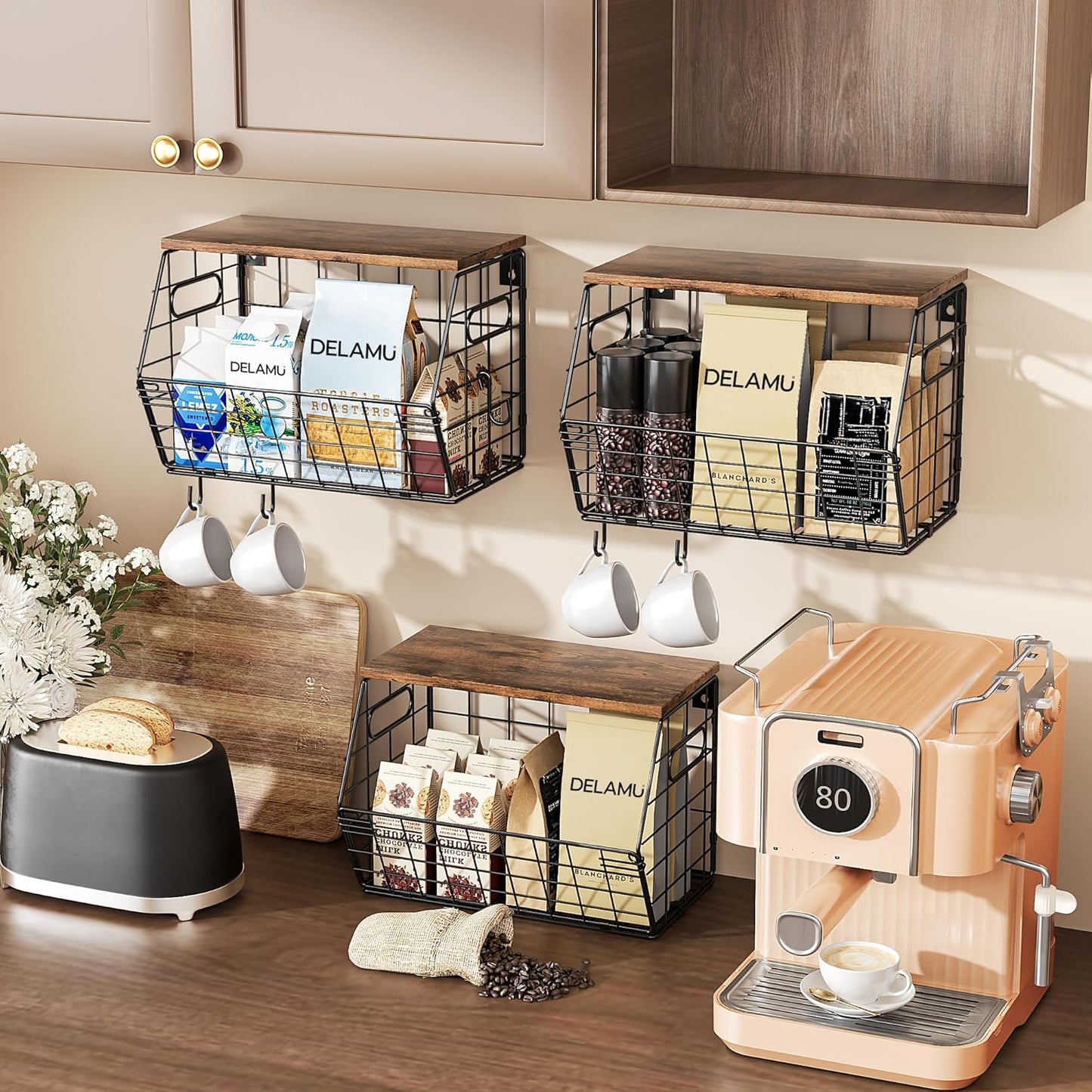Delamu 3 Pack Stackable Metal Fruit Basket with Wood Lid-Wall Mounted&Countertop Organizer for