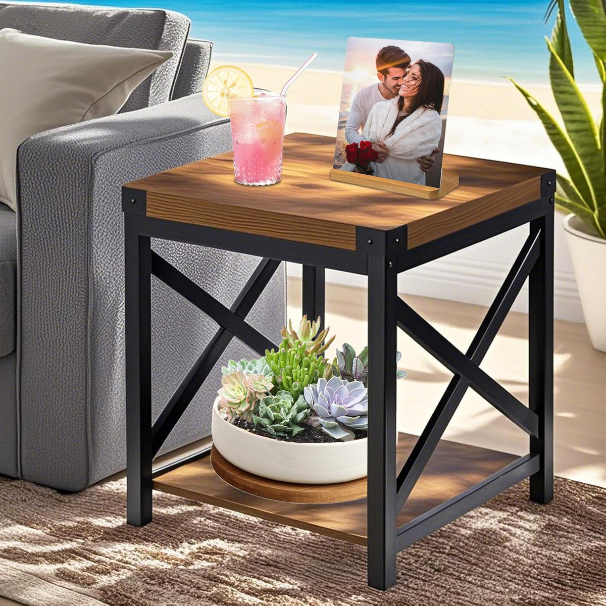 End Table Large Side Table for Living Room, Rustic Farmhouse End Tables with 2-Tier Storage, Square