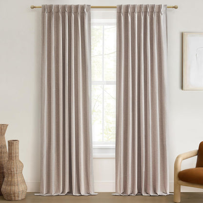 Thick Linen Blackout Curtains 105 Inches Long 2 Panels Set, Custom Length Heat/Draft Blocking Back