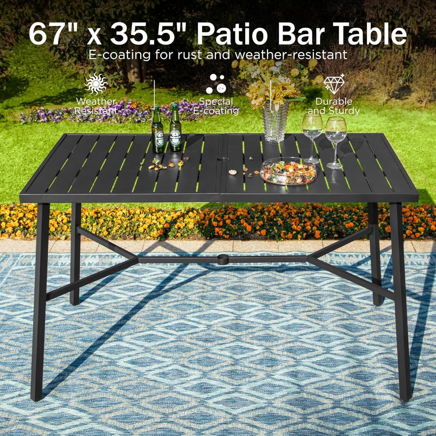 PHI VILLA Outdoor Patio Bar Dining Table for 6, 40" High Top Rectangle Metal Steel Table with 1.97"