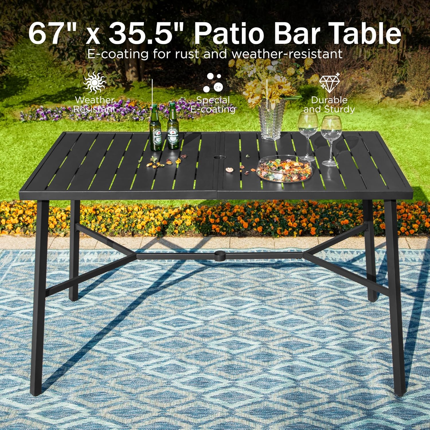 PHI VILLA Outdoor Patio Bar Dining Table for 6, 40" High Top Rectangle Metal Steel Table with 1.97"