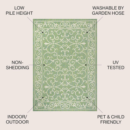 JONATHAN Y Vintage Filigree Indoor Outdoor Area Rug 8X10 Green/Ivory, Charleston Textured Weave for