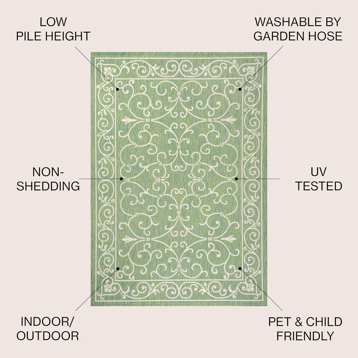 JONATHAN Y Vintage Filigree Indoor Outdoor Area Rug 9X12 Green/Ivory, Charleston Textured Weave for
