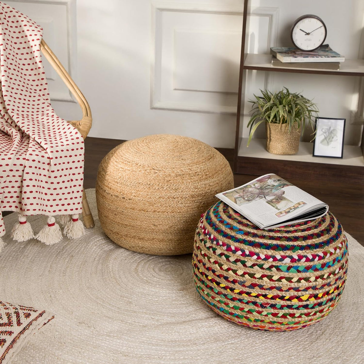 REDEARTH Round Pouf Ottoman - Braided Boho Poof Home Décor Pouffe Accent Sitting Circular Foot Rest