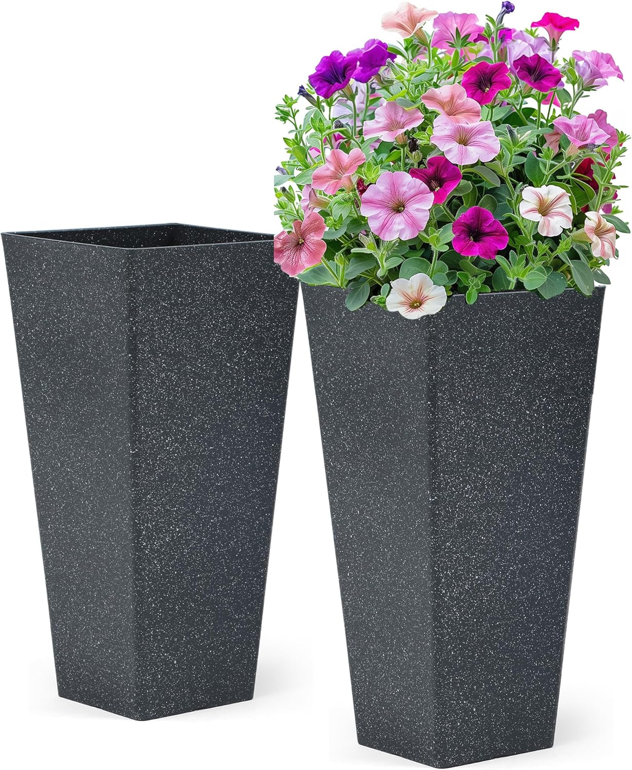28" Large Tall Planters for Outdoor Plants, Set of 2 V-Shaped Planter Box with Black Terrazzo Look