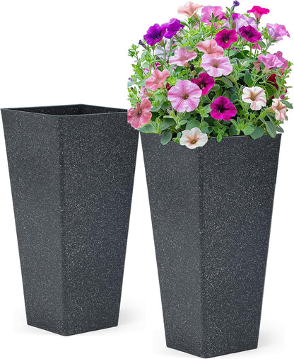 28" Large Tall Planters for Outdoor Plants, Set of 2 V-Shaped Planter Box with Black Terrazzo Look