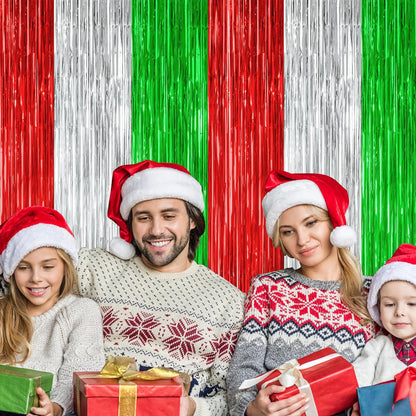 8 Pack Christmas Photo Backdrop, 3.28 FT x 7.05 FT Red Silver Green Party Streamer, Metallic Foil